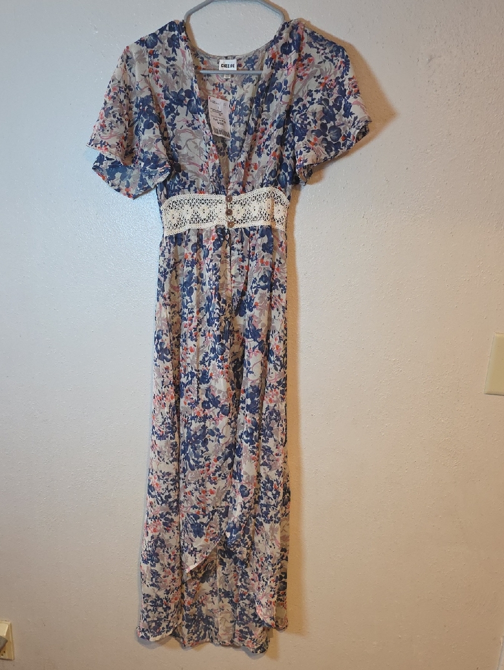 Dizzire Sheer Floral Maxi Dress with Lace Waist - Blue & Pink